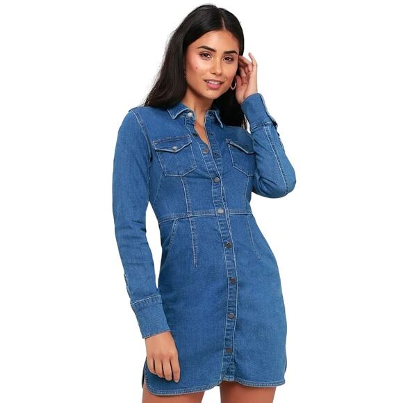Free People Dynomite Medium Wash Long Sleeve Denim Dress Womens Medium AS IS - Picture 1 of 9